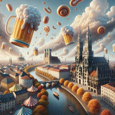 The primary subject of the image is a painting of a cityscape with a river flowing through it. The setting includes a castle, a bridge, and a city with buildings and a boat on the water. The visual style is a digital art, illustration, or drawing, creating a vibrant and lively atmosphere. The colors are predominantly orange and yellow, giving the scene a warm and inviting mood.